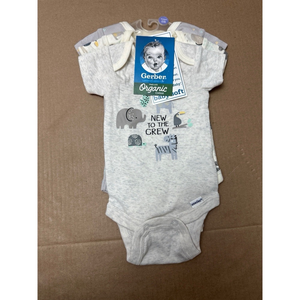 NWT Gerber Organic Cotton Newborn Onesies 3 Pack Safari Elephant Baby Bodysuits